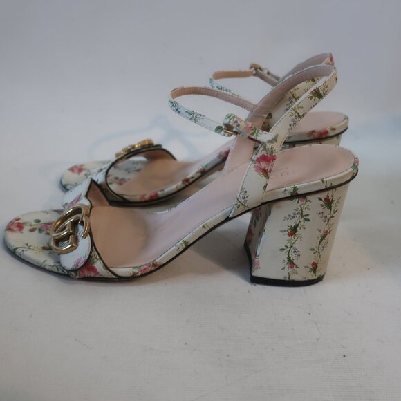 Authentic Gucci Marmont Ivory Floral Scallop Strap Leather Sandal 38.5 US/8.5 - Picture 8 of 16